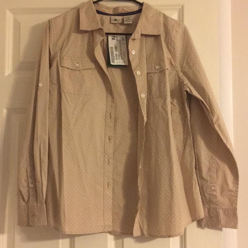 LL Bean Khaki polka dot button down.